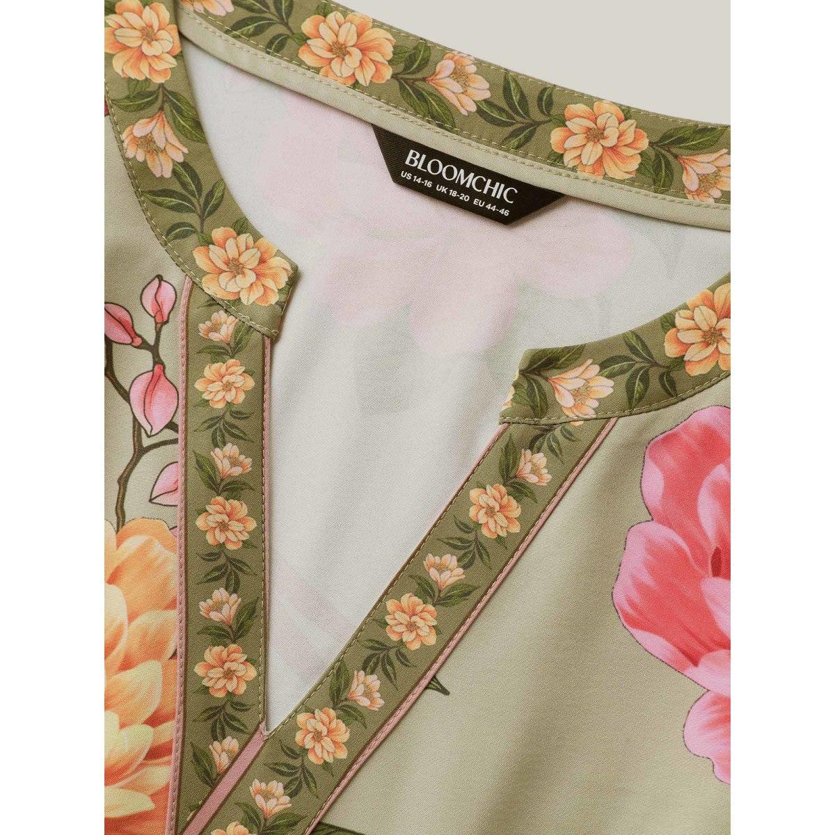 Plus Size Floral Contrast Hem Split Neck Midi Dress Sage Women Boho Flat collar with V-notch Short sleeve Curvy BloomChic 14-16/1X Product Image