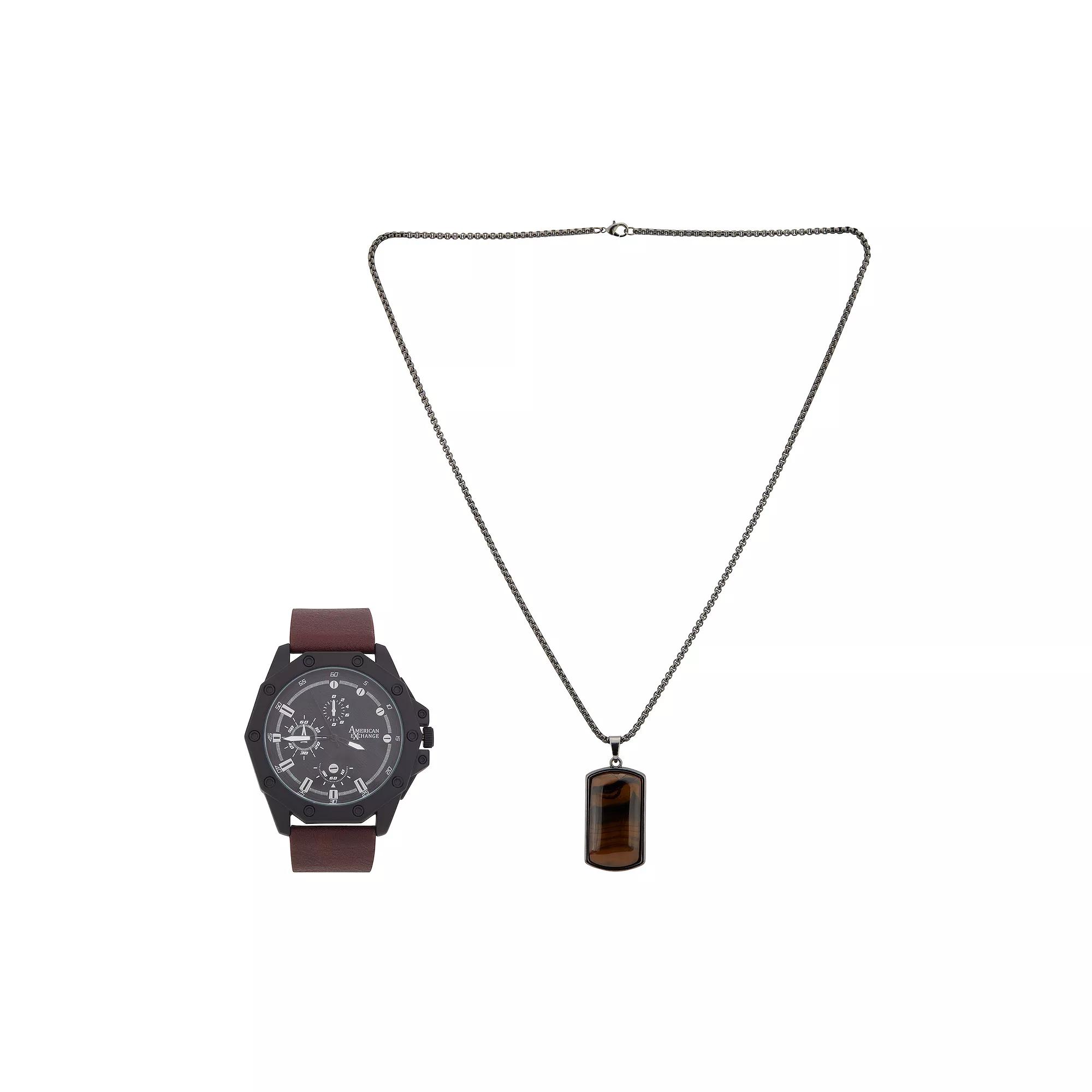 American Exchange Men's Brown Leather Strap & Necklace Set, Size: 48MM Product Image