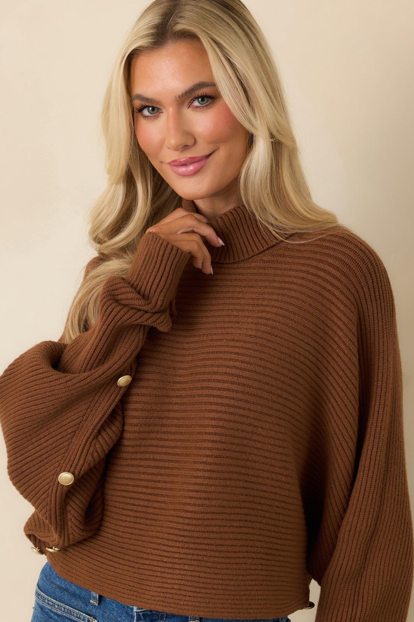 Polished Path Brown Ribbed Batwing Cropped Turtleneck Sweater Product Image