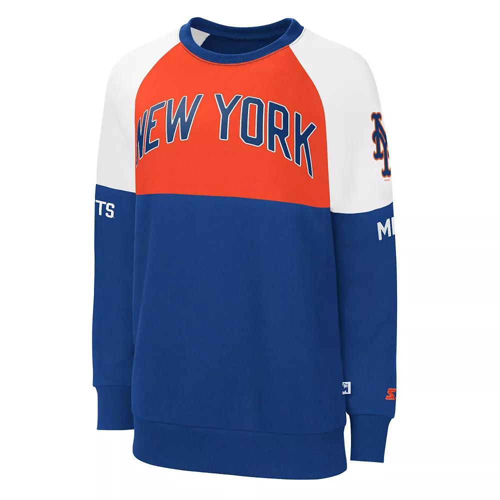 Women's Starter Royal/Orange New York Mets Baseline Raglan Pullover Sweatshirt, Size: Small, Blue Product Image