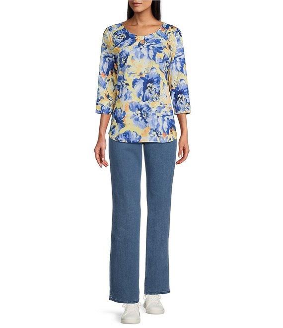 Allison Daley Embellished Floral Print 3/4 Sleeve Keyhole Neck Knit Top Product Image