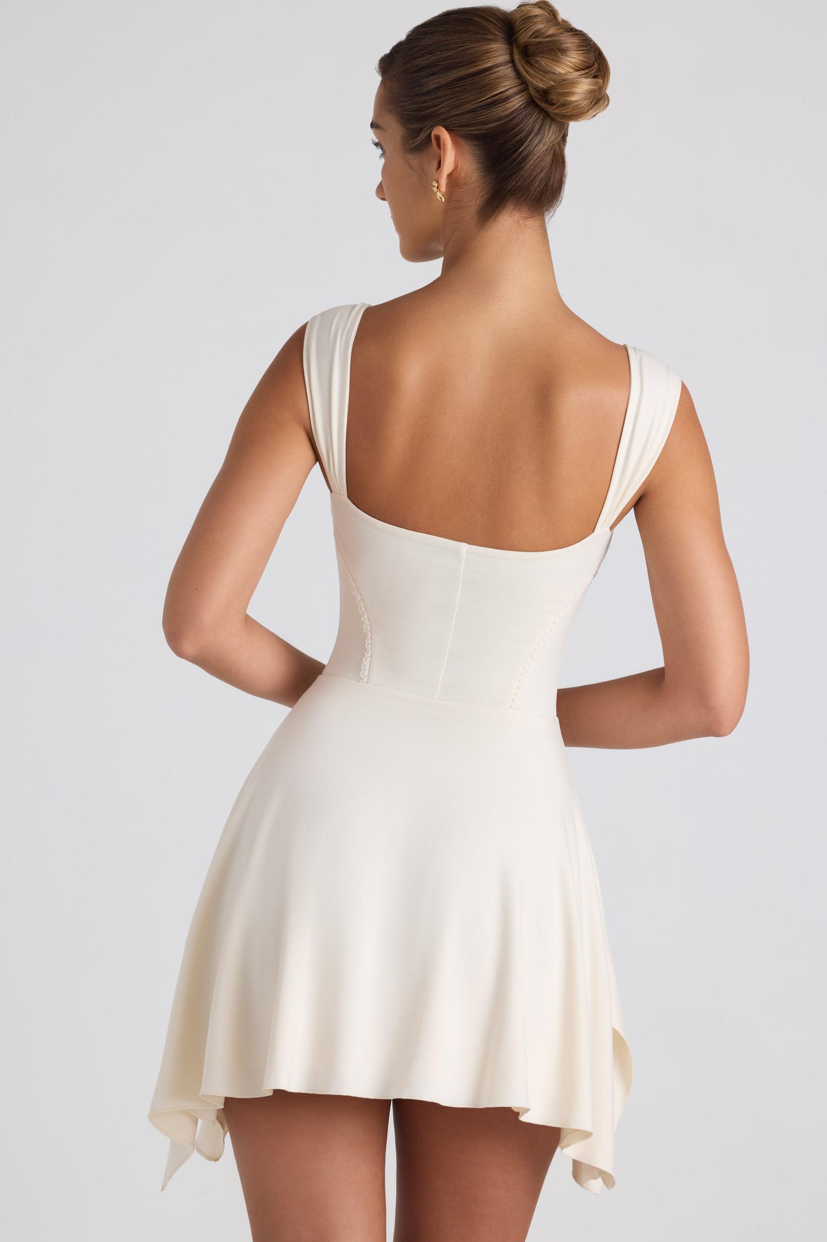 Modal Asymmetric Lace-Trim A-Line Mini Dress in Ivory Product Image