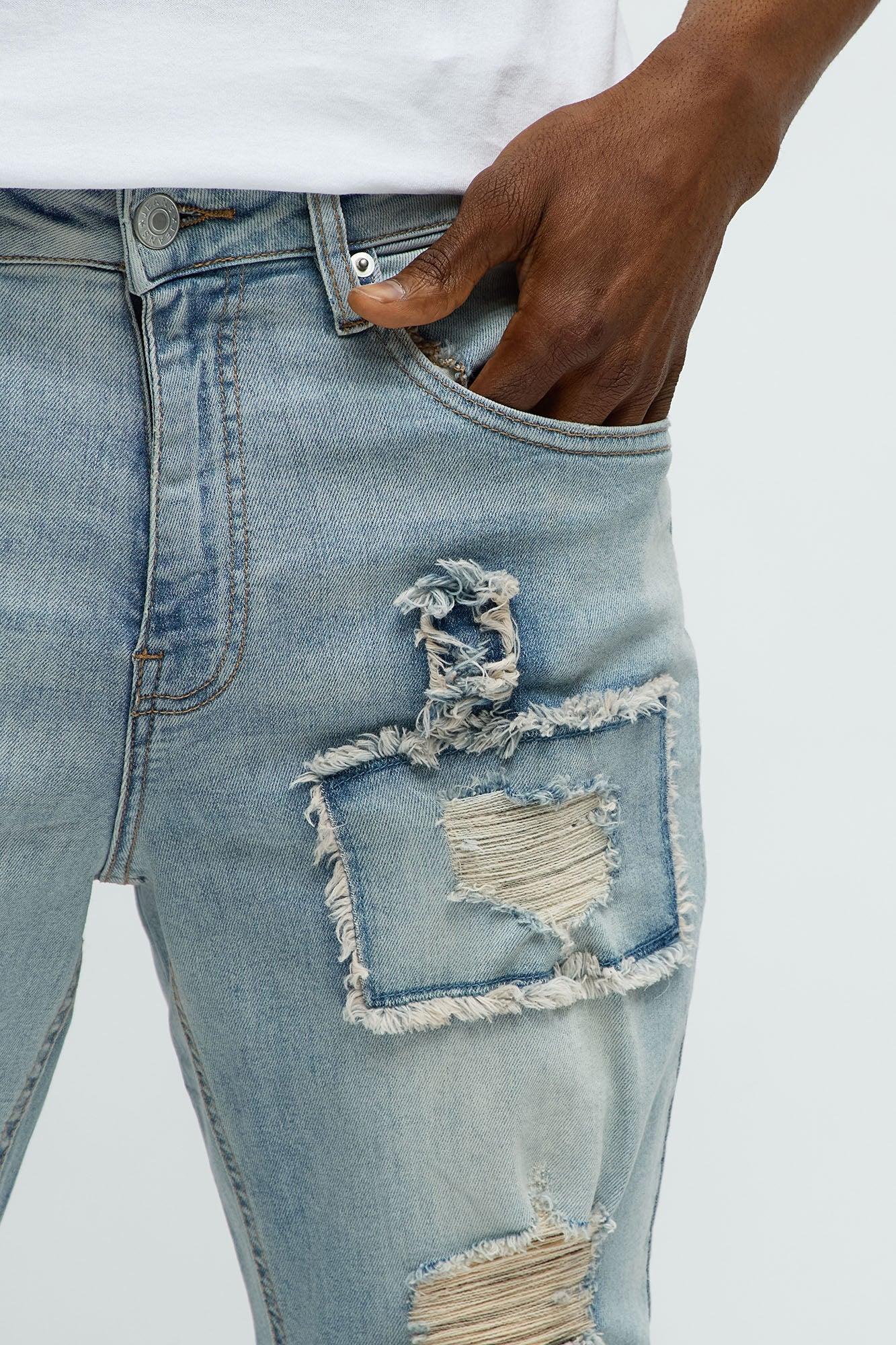 Shredded Patchwork Skinny Jeans - Light Wash Male Product Image
