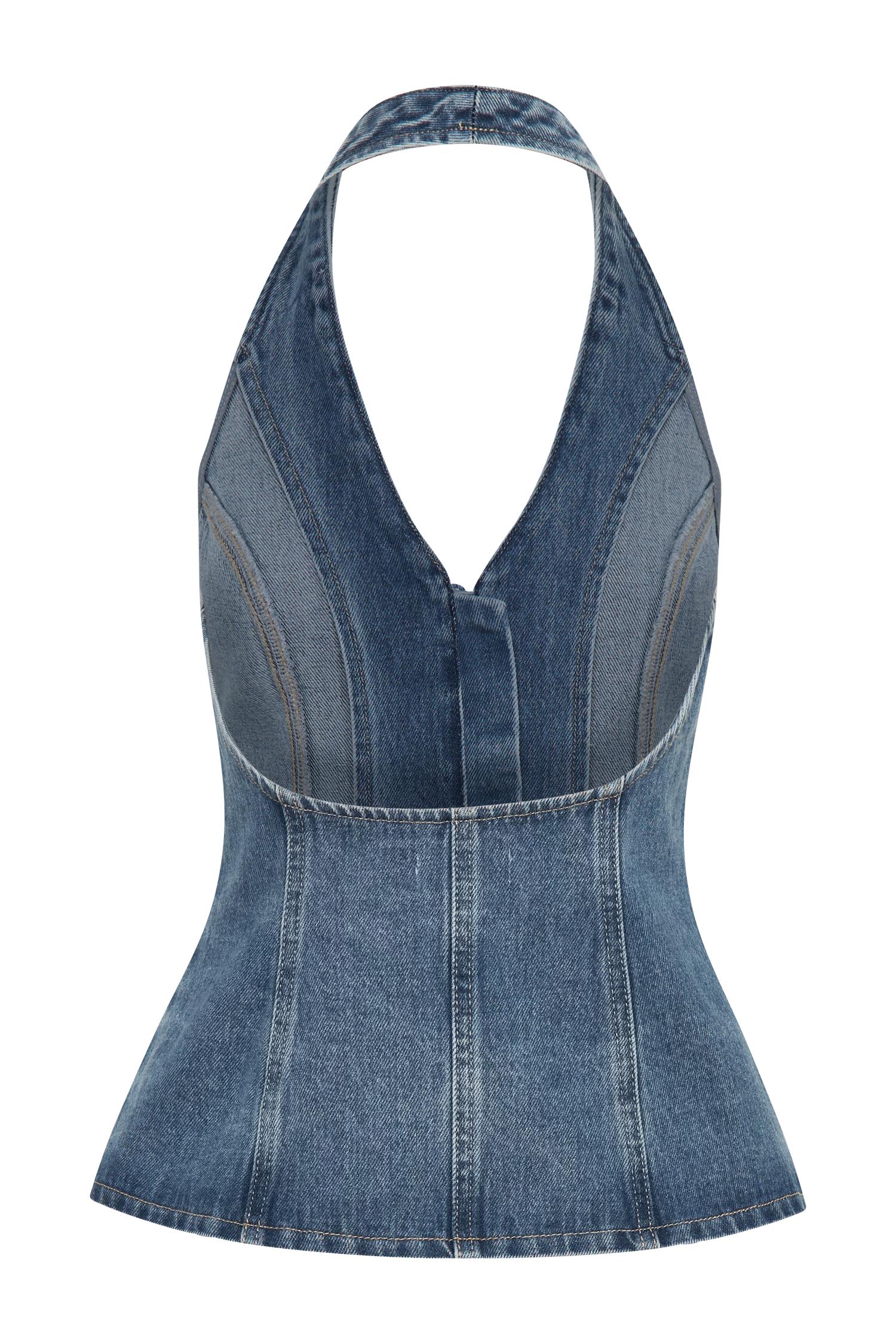 India Button Front Halter Denim Longline Top - Washed Mid Blue Product Image