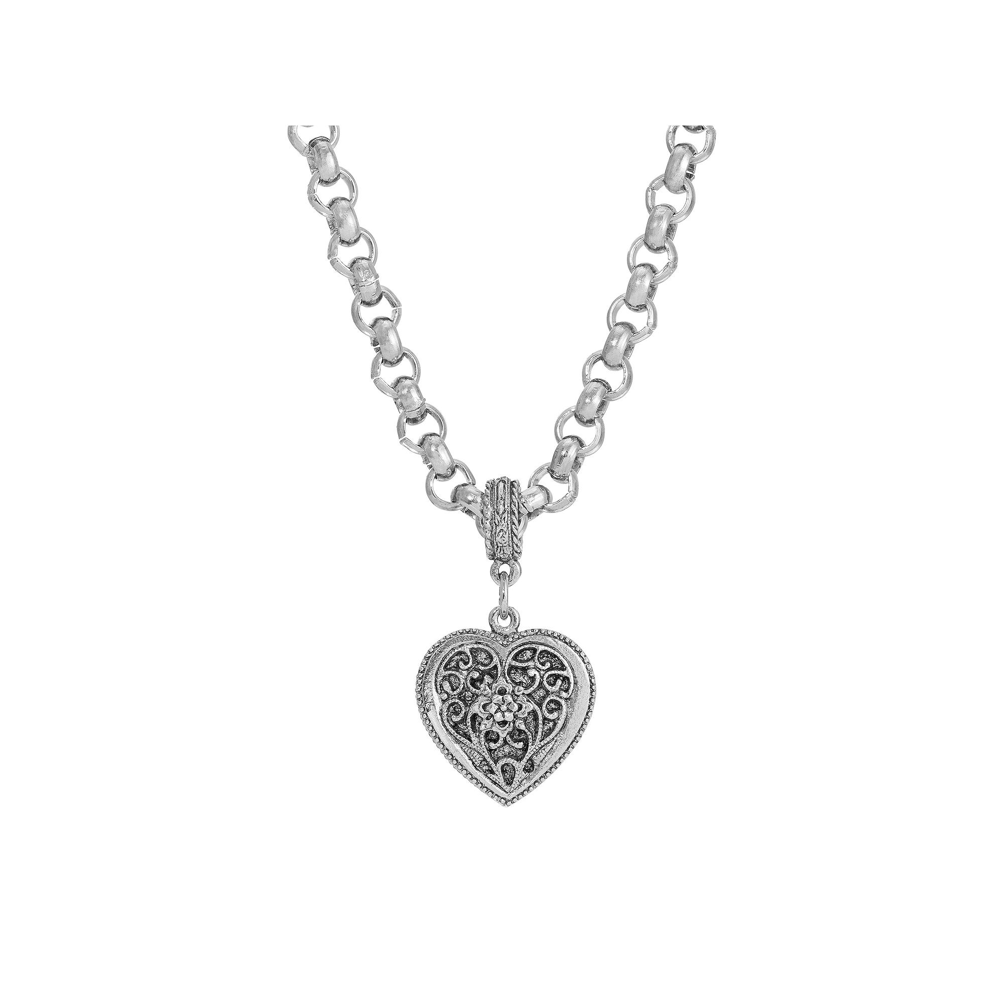 1928 Silver Tone Filigree Heart Necklace, Womens Product Image