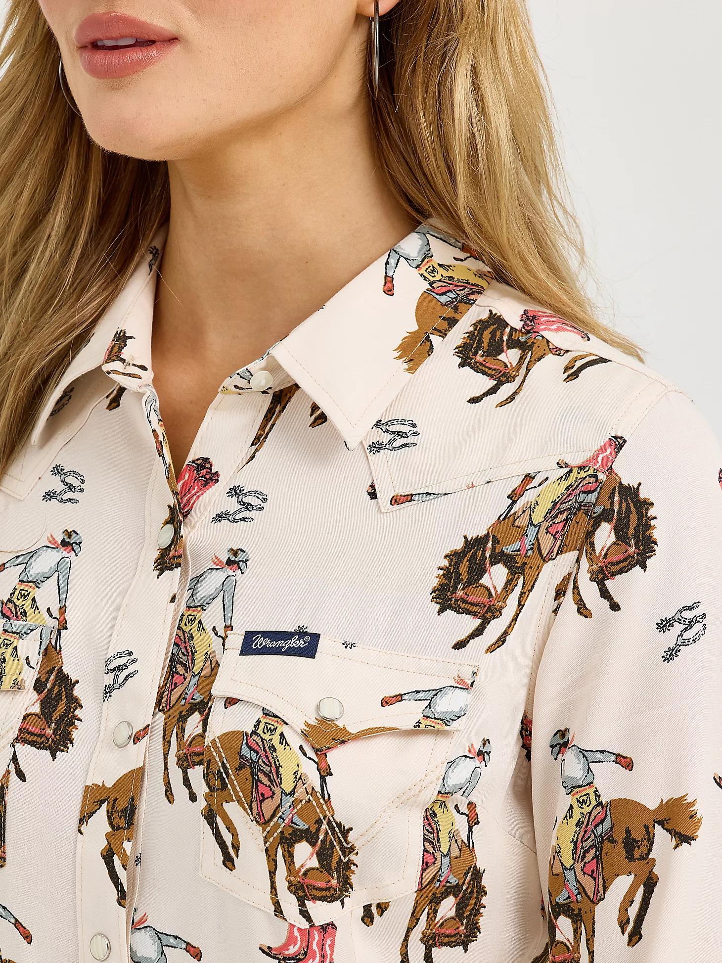 Women's Wrangler Bold Bucking Cowboy Western Snap Shirt in Cowboy/Cream Product Image