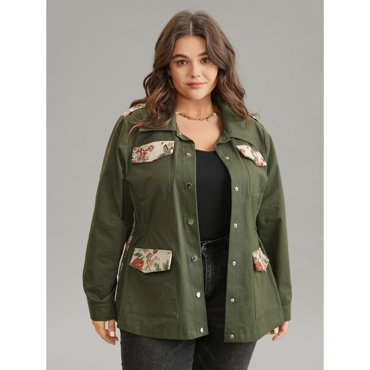 Plus Size Jacquard Patchwork Elastic Waist Flap Pocket Jacket Women ArmyGreen Lined Pocket Dailywear Jackets BloomChic 18-20/2X Product Image