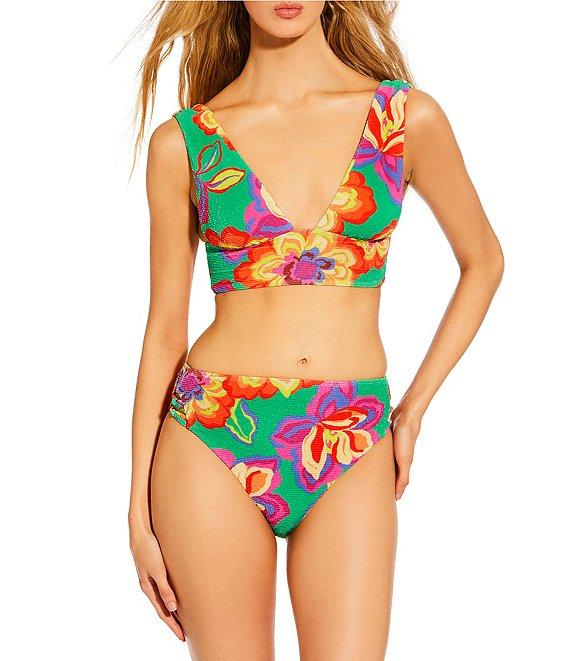 GB Bright Bloom Green Scrunchie Textured Wide Shoulder Longline Bralette Swim Top Product Image