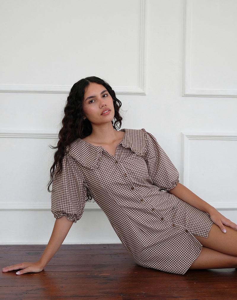 Deja Dress in Mini Gingham Brown Product Image