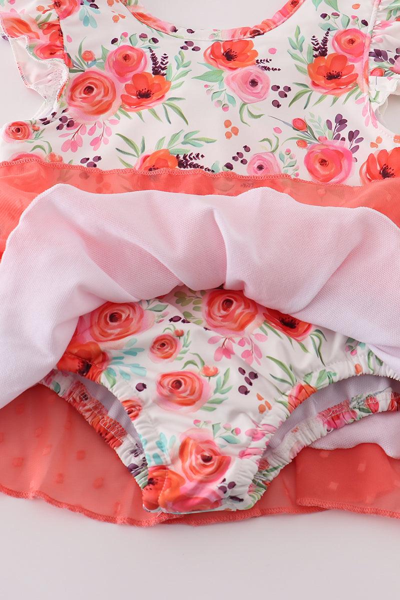 Coral floral print swiss dot leotard Product Image