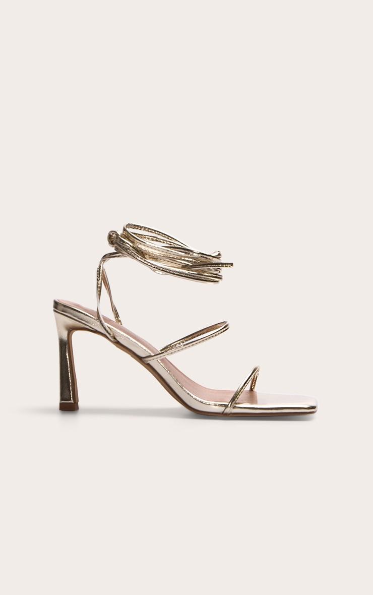 Gold Pu Square Toe Strappy Lace Up Mid Stiletto Heeled Sandals Product Image