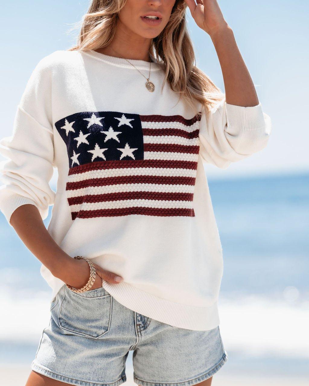 Ivory American Flag Pullover Sweater Product Image