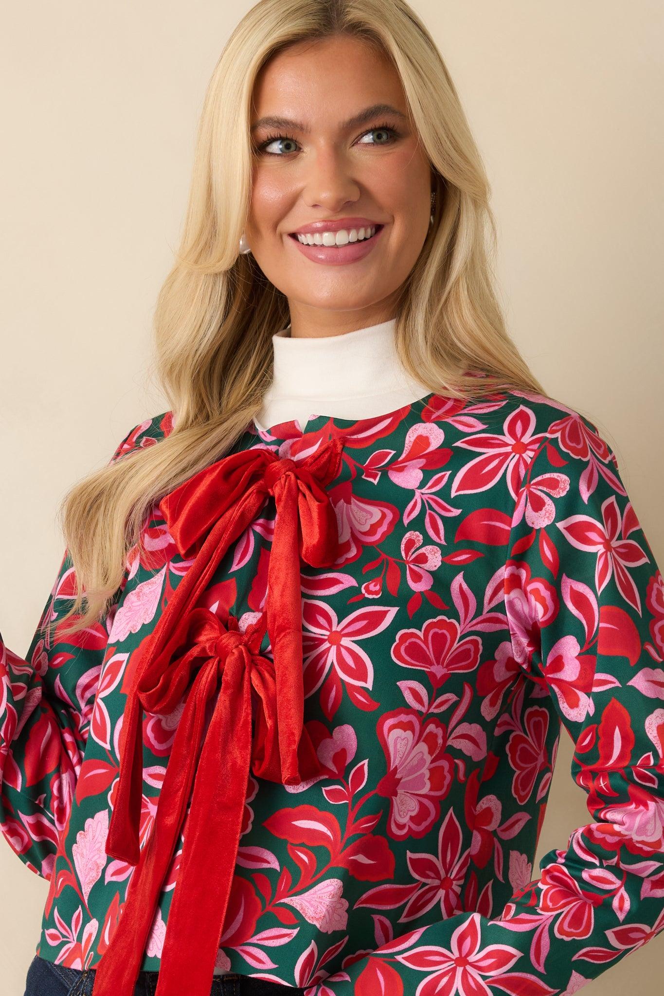 Prosperina Gala Green & Pink Cotton Floral Print Bow Jacket Product Image