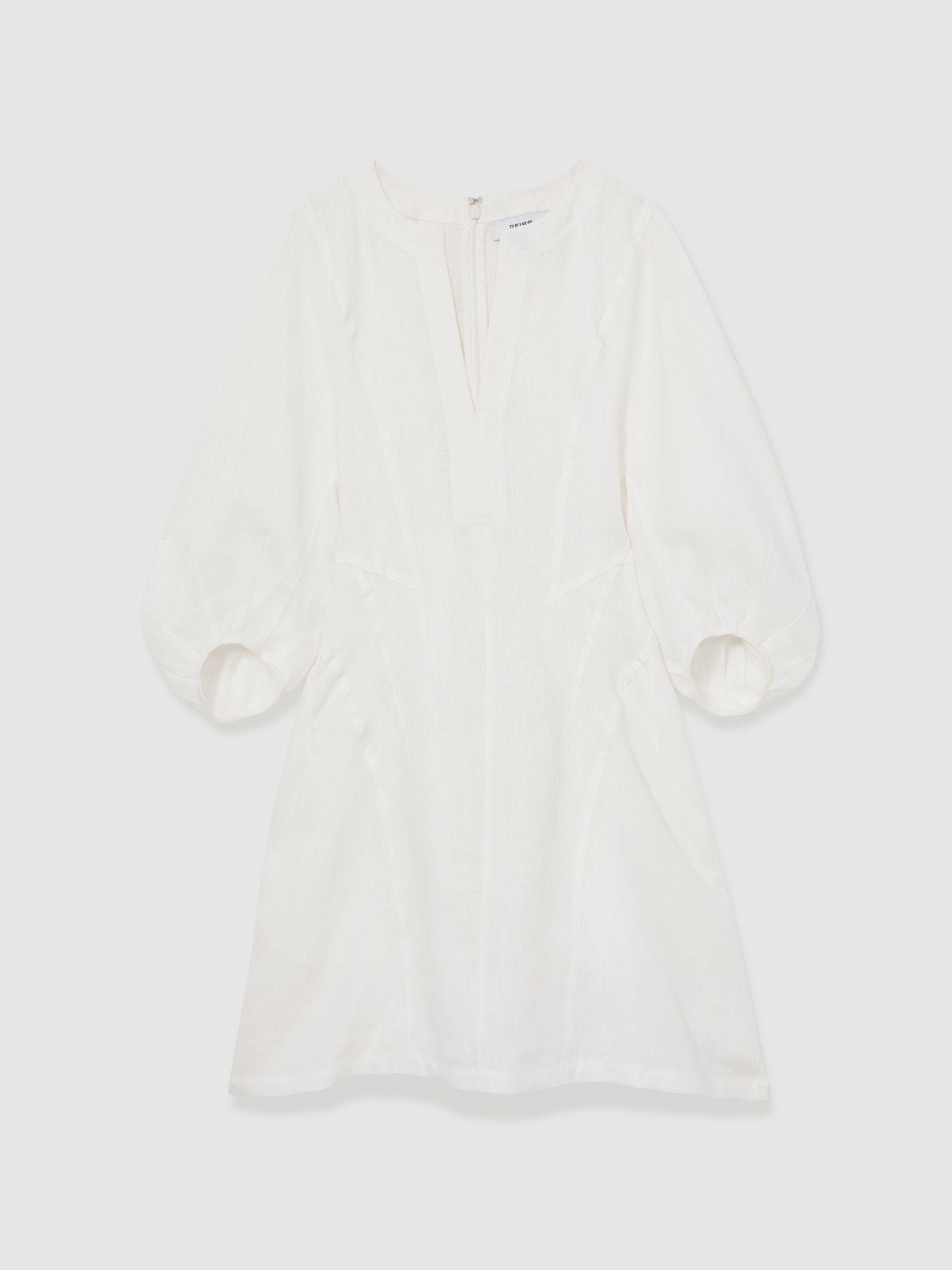 Linen Balloon Sleeve Mini Dress in Ivory Product Image