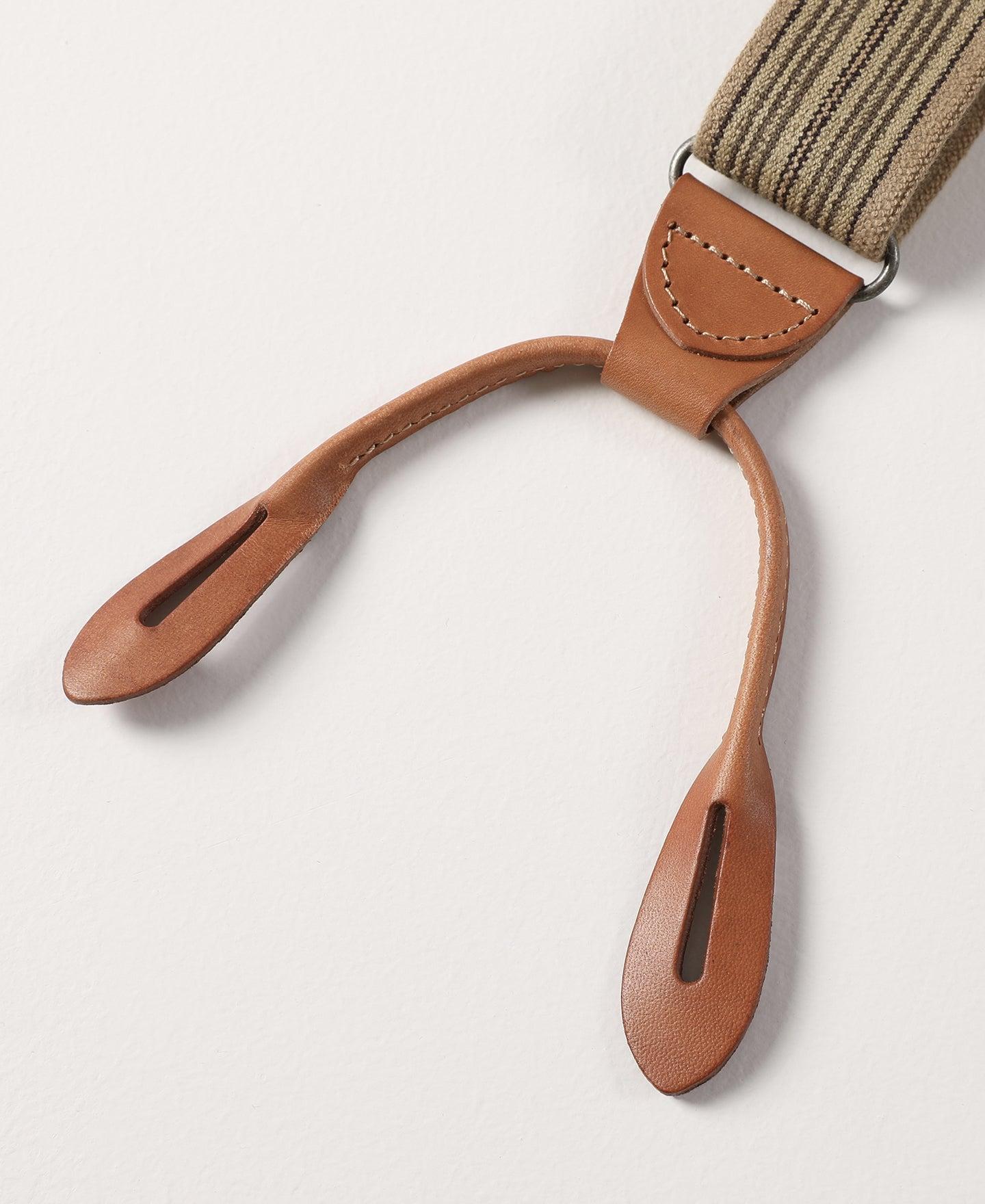 Old-Time Y-Back Leather Button Suspenders - Khaki Stripe Product Image