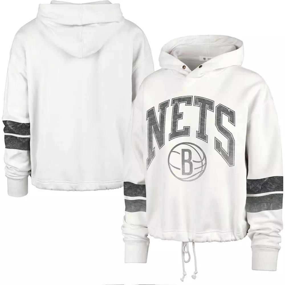 Women's '47 Cream Brooklyn Nets Emerson Stripe Cropped Pullover Hoodie, Size: Large, Beige Product Image