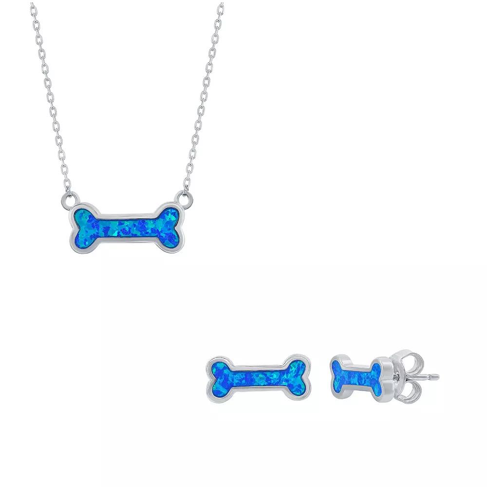 Sterling Silver Blue Opal Dog Bone Earring & Necklace Set, Women's Product Image