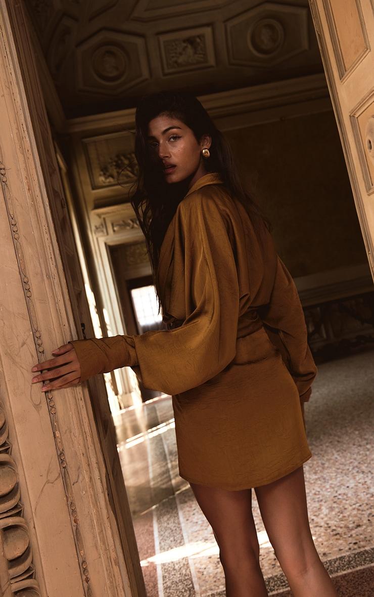 PLT Label Gold Hammered Satin Long Sleeve Plunge Mini Dress Product Image