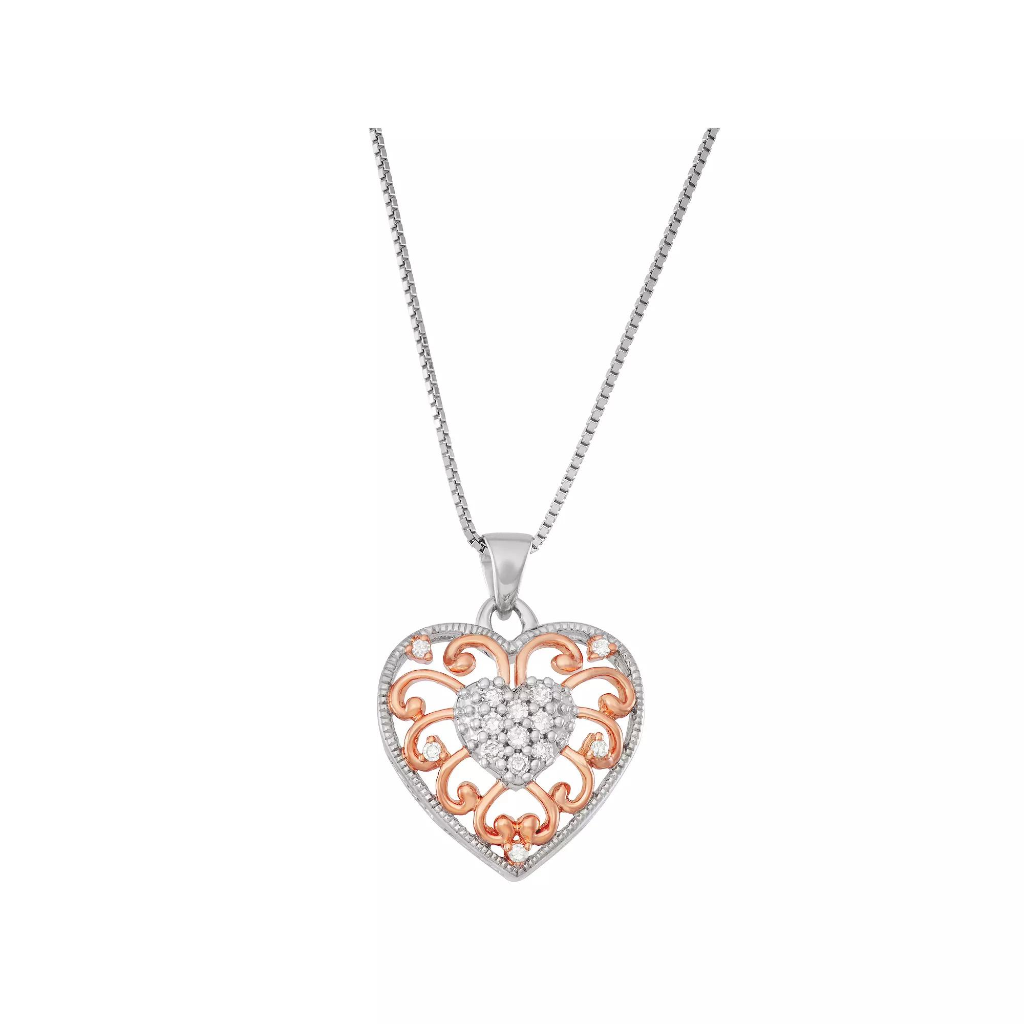 10k Rose Gold Over Sterling Silver 1/10 Carat T.W. Diamond Heart Pendant Necklace, Women's, Size: 18", Pink Tone Product Image