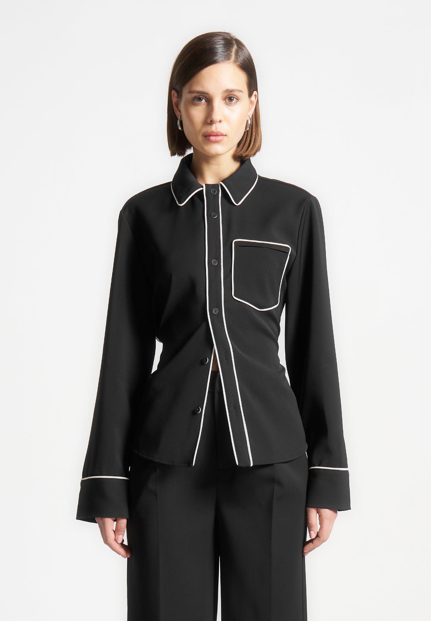 Contrast Piped Backless Tie Shirt - Black/White Female Product Image