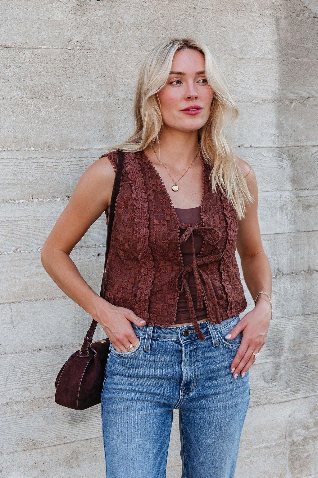 Brown Lace Eyelet Tie Front Vest - FINAL SALE Product Image