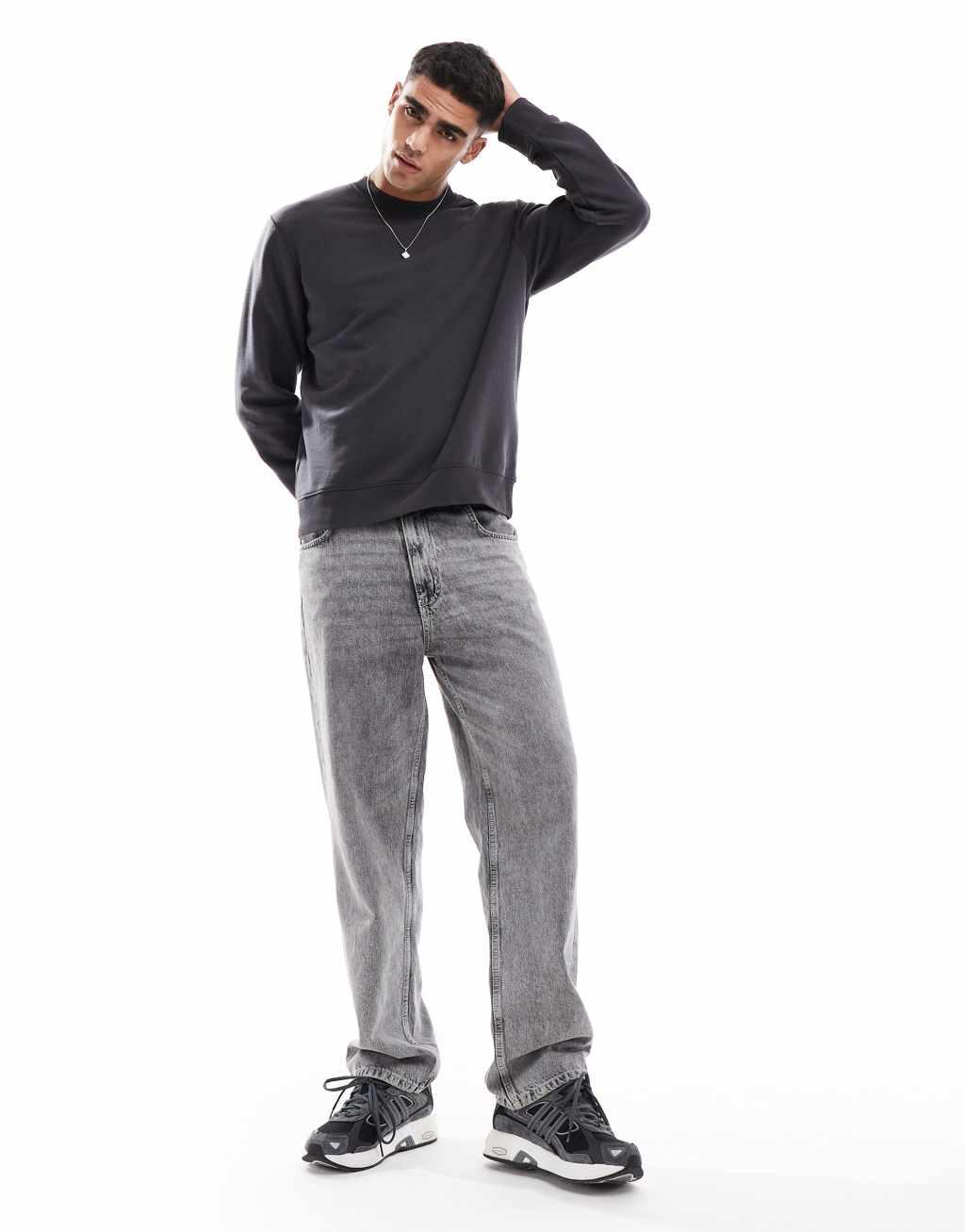Jack & Jones oversized crew neck sweat with papillon back print in dark gray  Product Image