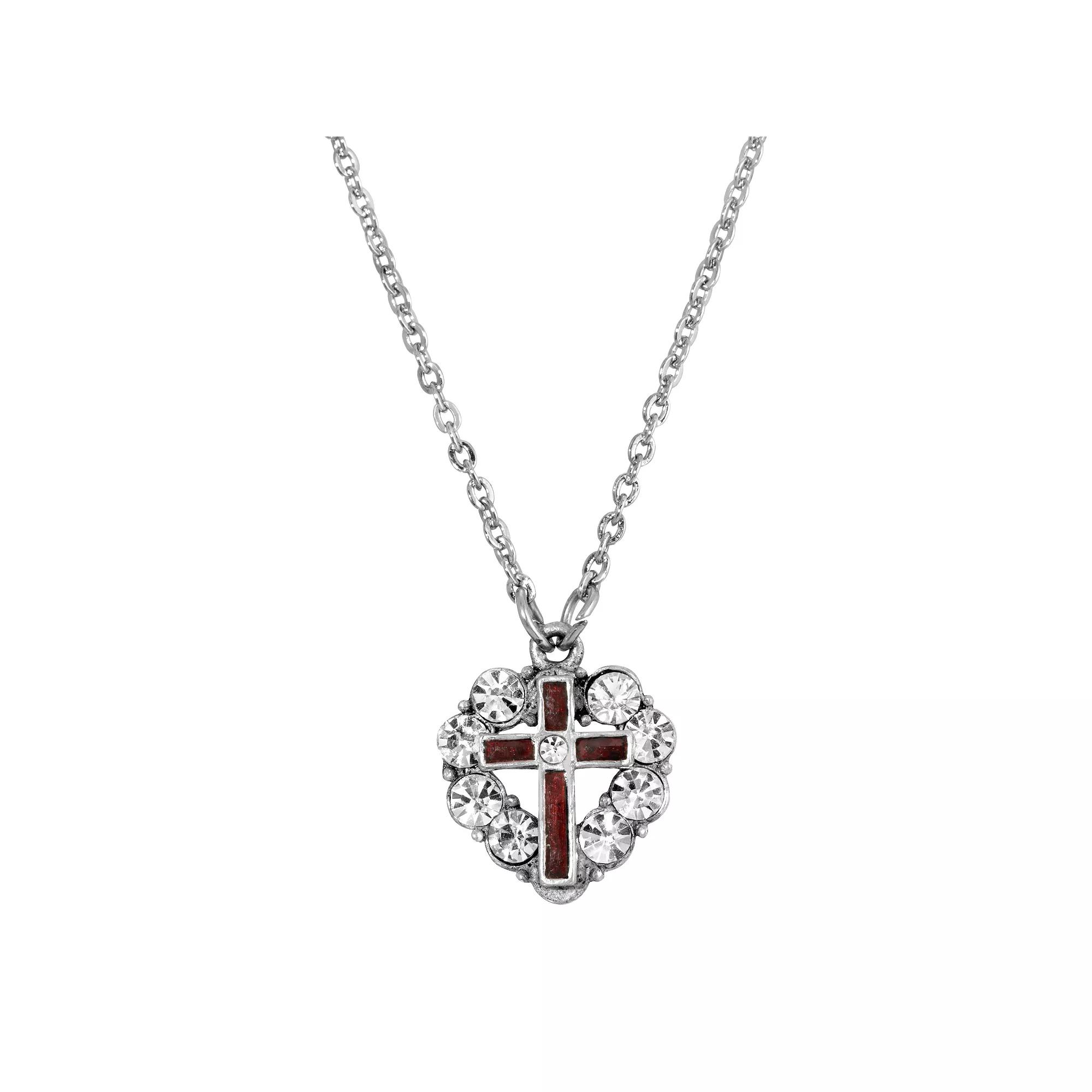 Symbols of Faith Silver-Tone Enamel Heart Cross Necklace, Womens, Red Product Image