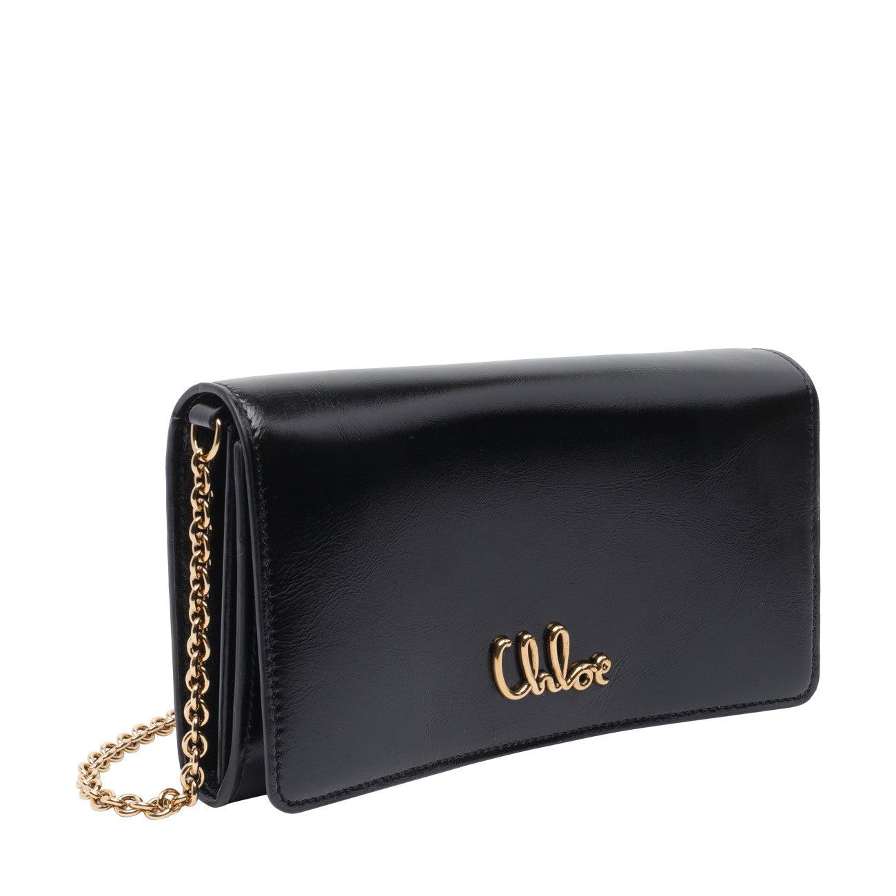 CHLOÉ Iconic Flap Wallet On Chain In Shiny Calfskin In Black Product Image