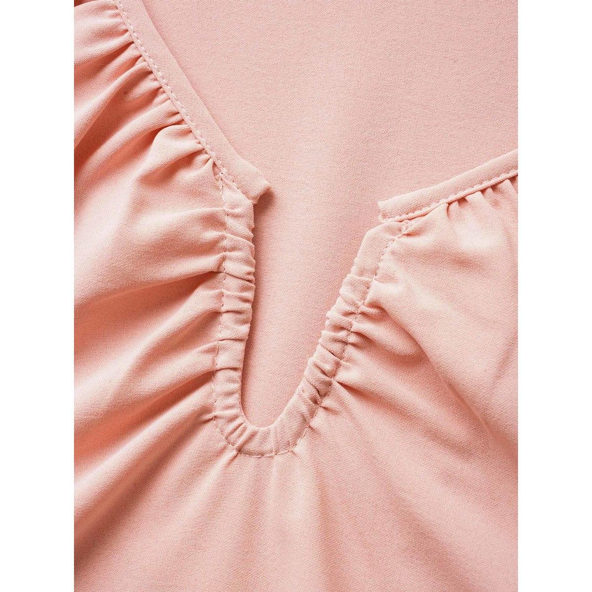 Plus Size Dirtypink Solid Frill Trim Lantern Sleeve Belted Blouse Women Elegant Short sleeve Notched collar Everyday Blouses BloomChic 12/L Product Image