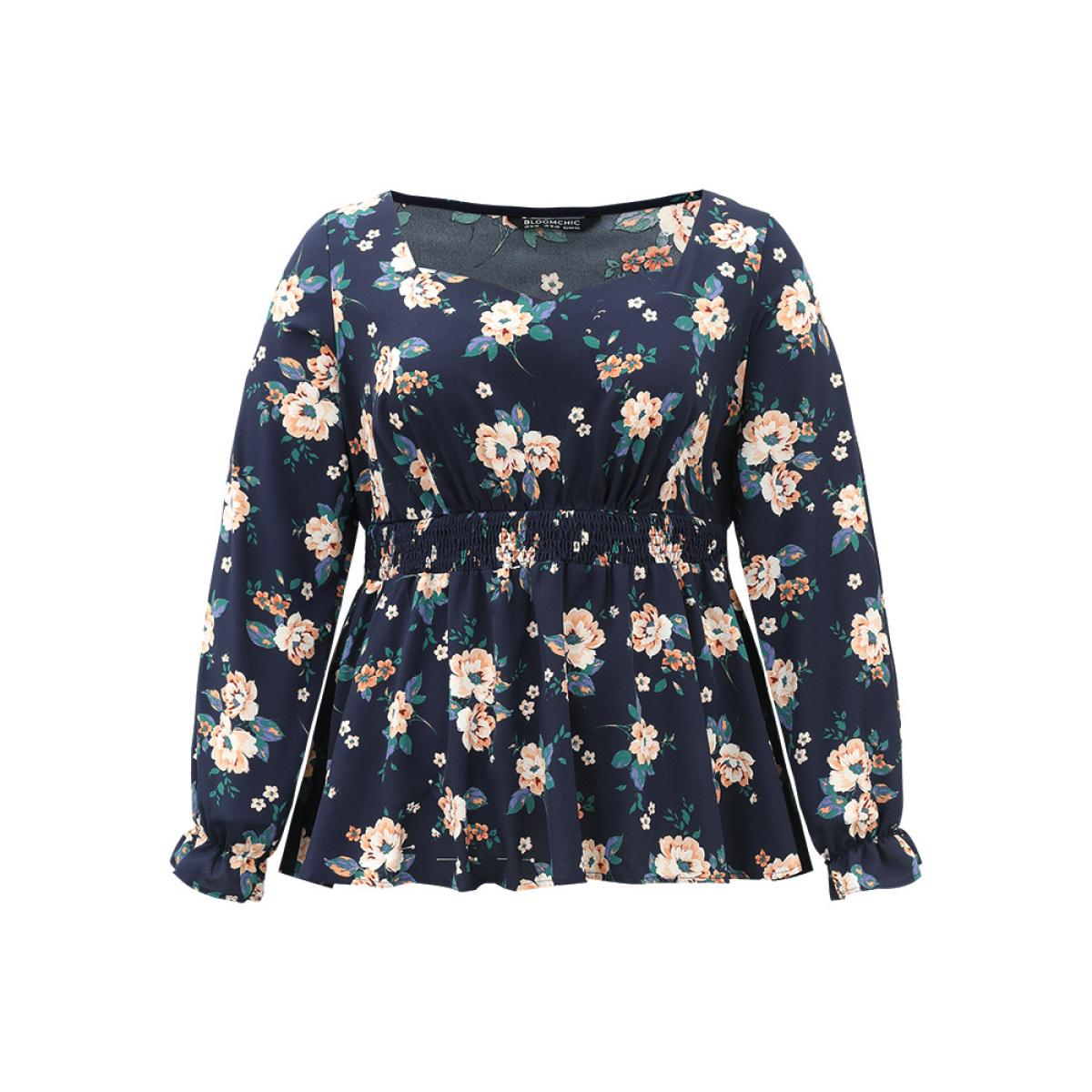 Plus Size Indigo Floral Square Neck Shirred Lantern Sleeve Blouse Women Elegant Long Sleeve Square Neck Dailywear Blouses BloomChic 28/5X Product Image