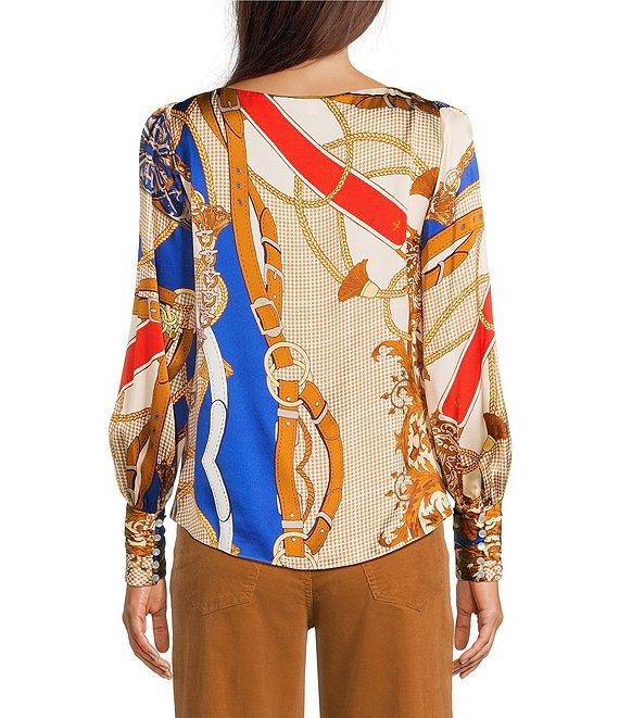 tyler boe Olivia Silk Equestrian Print Shawl Cowl Neck Long Sleeve Blouse Product Image