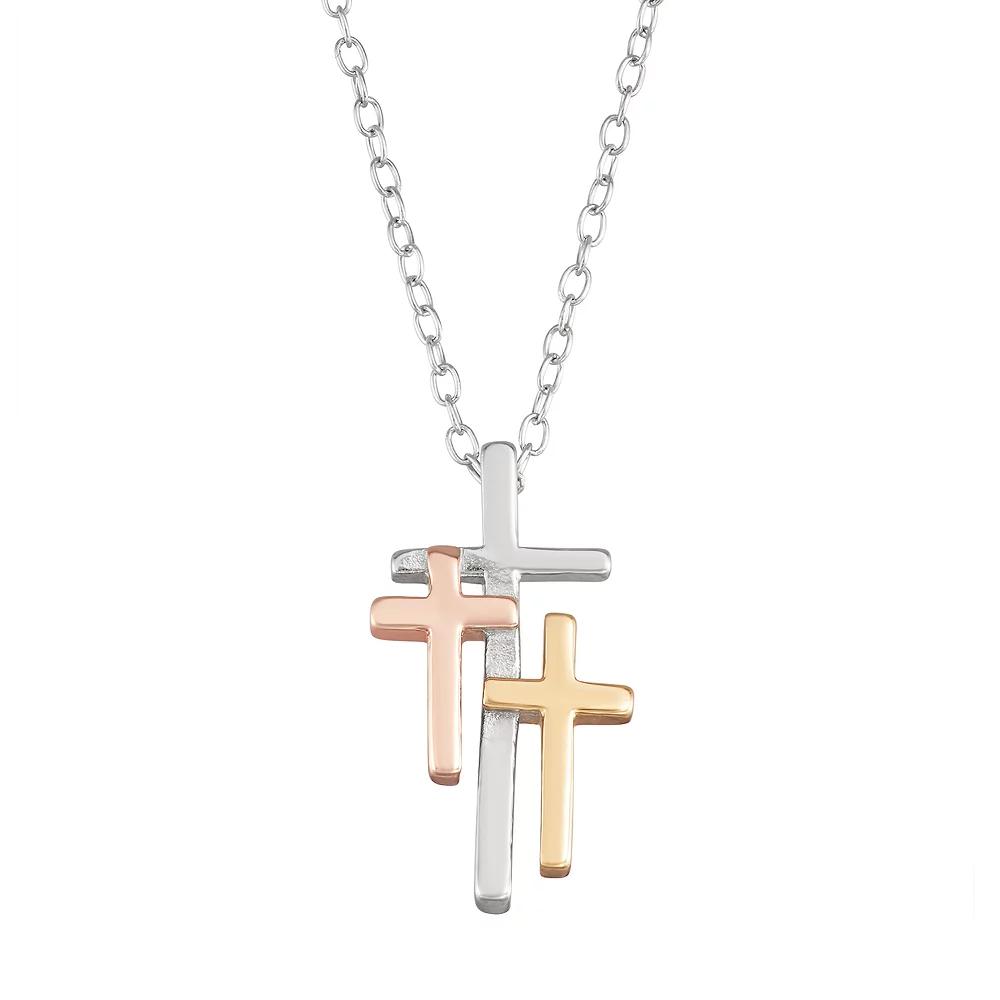 My Shield My Strength Tri Tone Sterling Silver Triple Cross Pendant, Women's, Size: 18" Product Image