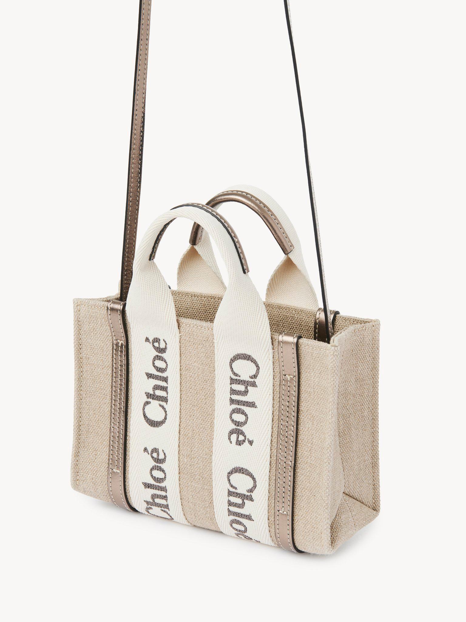 Mini Woody tote bag in linen & leather Product Image