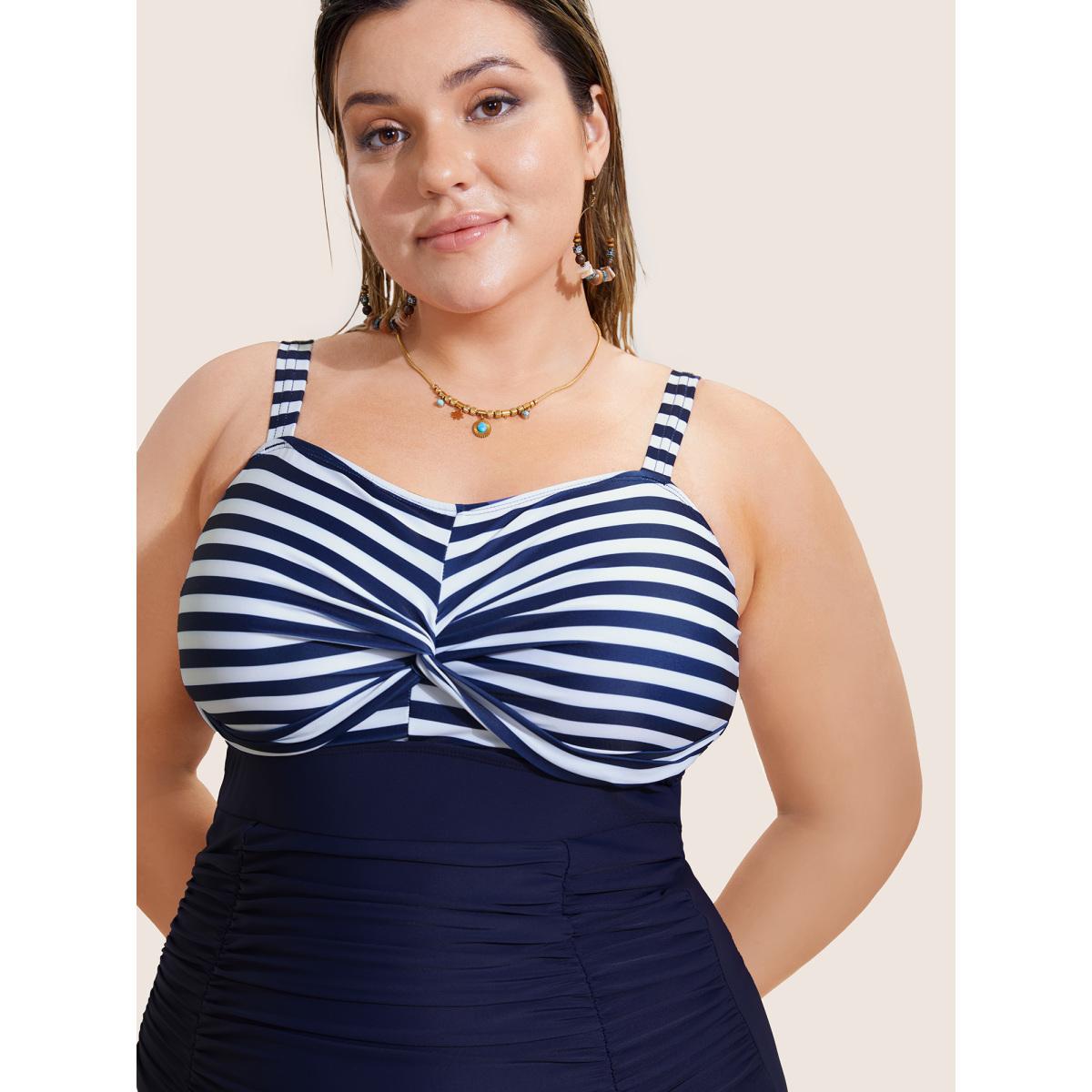 Plus Size Striped Patchwork Twist Front One Piece Swimsuit Women's Swimwear Indigo Beach Twist Curve Bathing Suits High stretch One Pieces BloomChic 28/5X Product Image