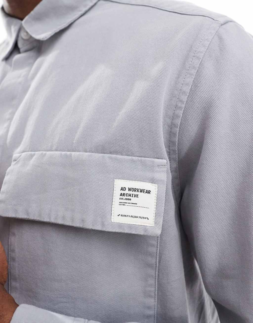 ASOS DESIGN boxy overshirt with badge detail in gray Product Image