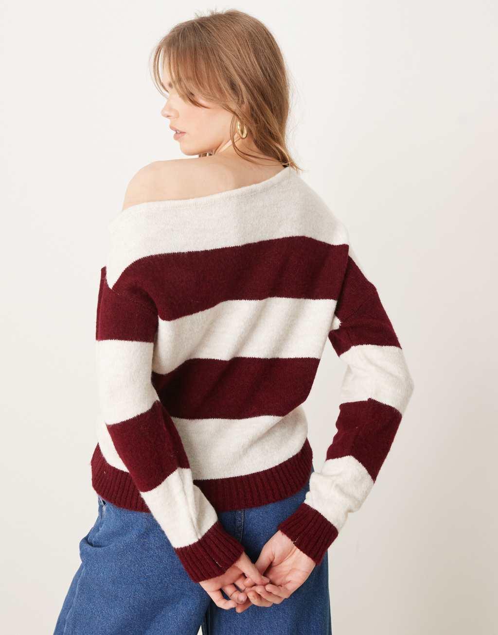 ASOS DESIGN one shoulder knit sweater in burgundy stripe Product Image