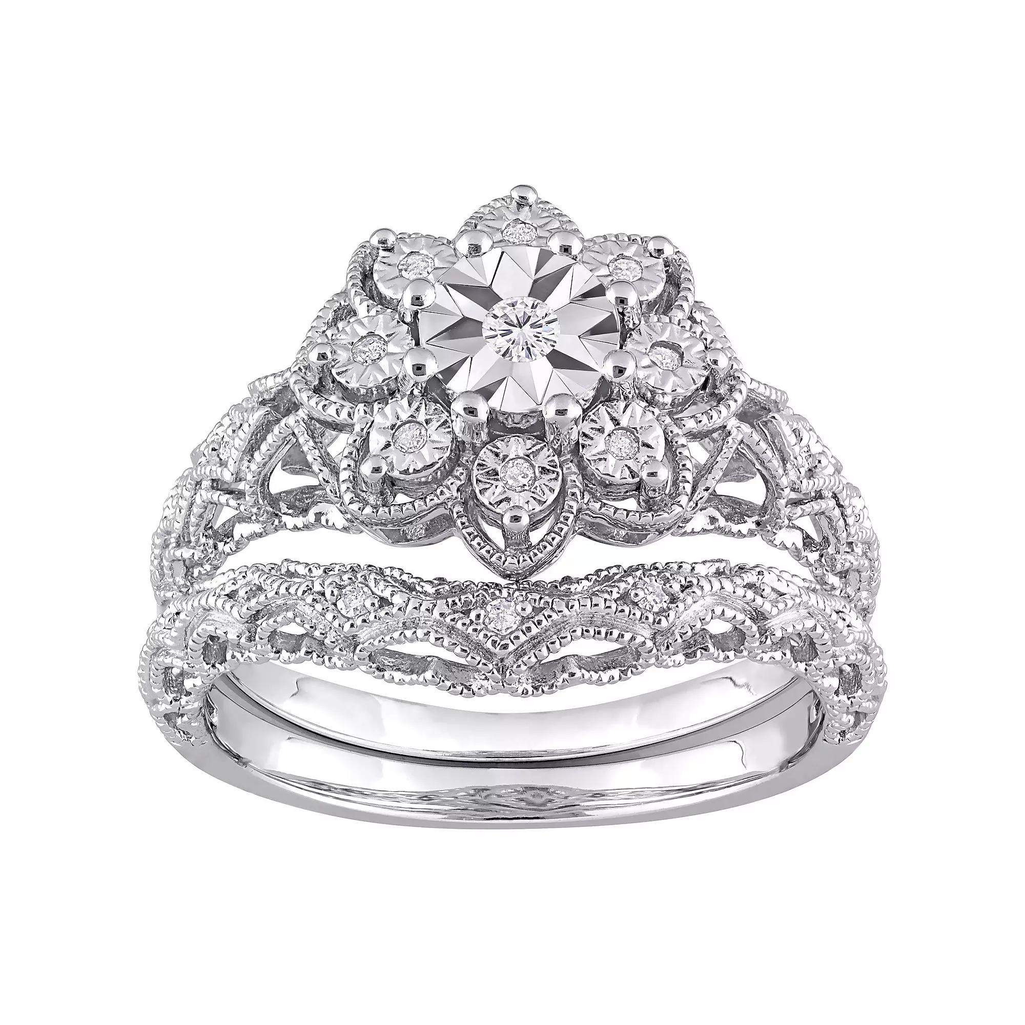 Stella Grace Sterling Silver 1/10 Carat T.W. Diamond Vintage Engagement Ring Set, Women's, Size: 6 Product Image