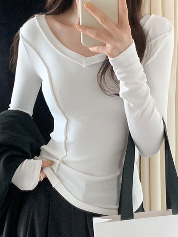 Solid V Neck Seam Detail Slim Long Sleeve Knit Product Image