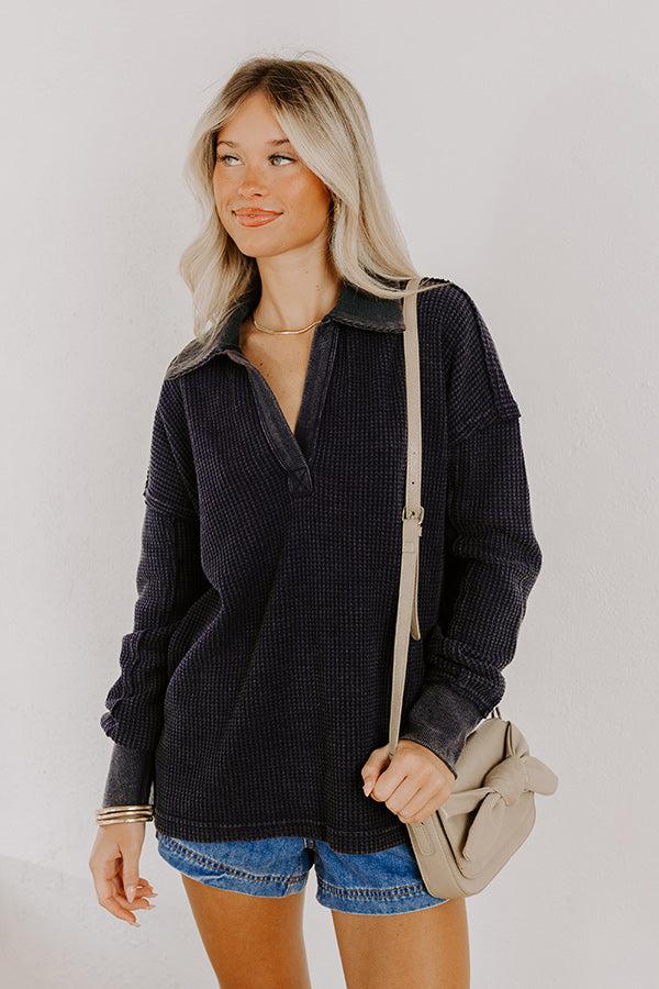 Cozy Cues Waffle Knit Top in Navy Product Image