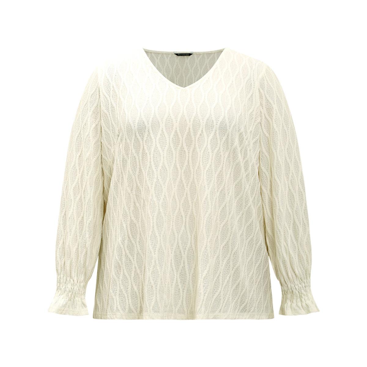 Plus Size Beige V Neck Solid Textured Shirred Blouse Women Office Long Sleeve V-neck Office Blouses BloomChic 30/6X Product Image