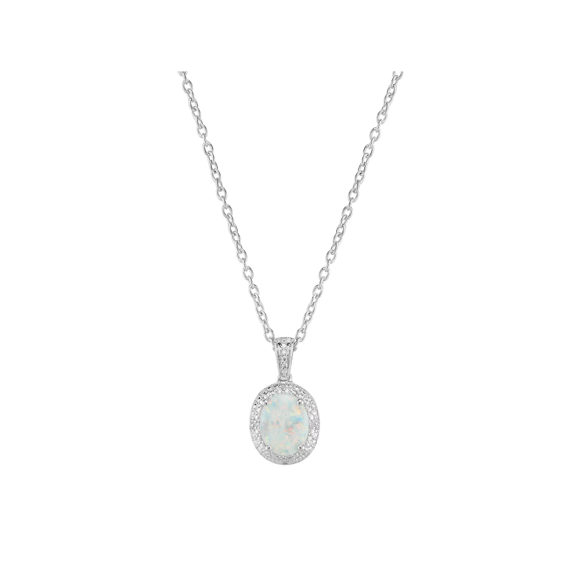 Sterling Silver Lab-Created White Opal & Diamond Accent Oval Halo Pendant, Women's Product Image