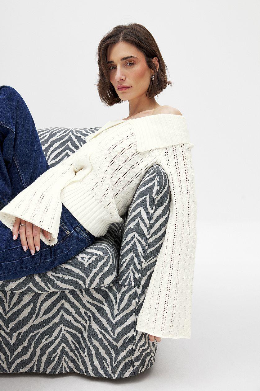 Knitted Off Shoulder Button Sweater Product Image