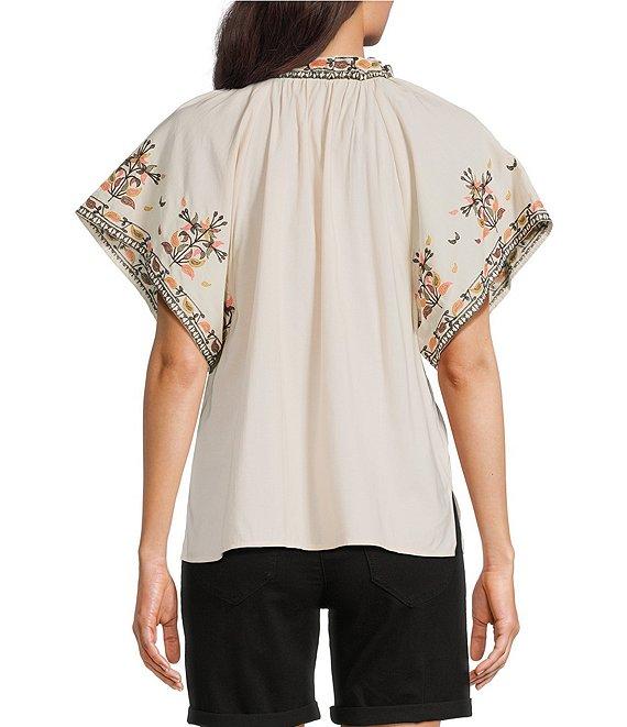 Democracy Floral Embroidered Ruffle Split V-Neck Short Batwing Sleeve Top Product Image