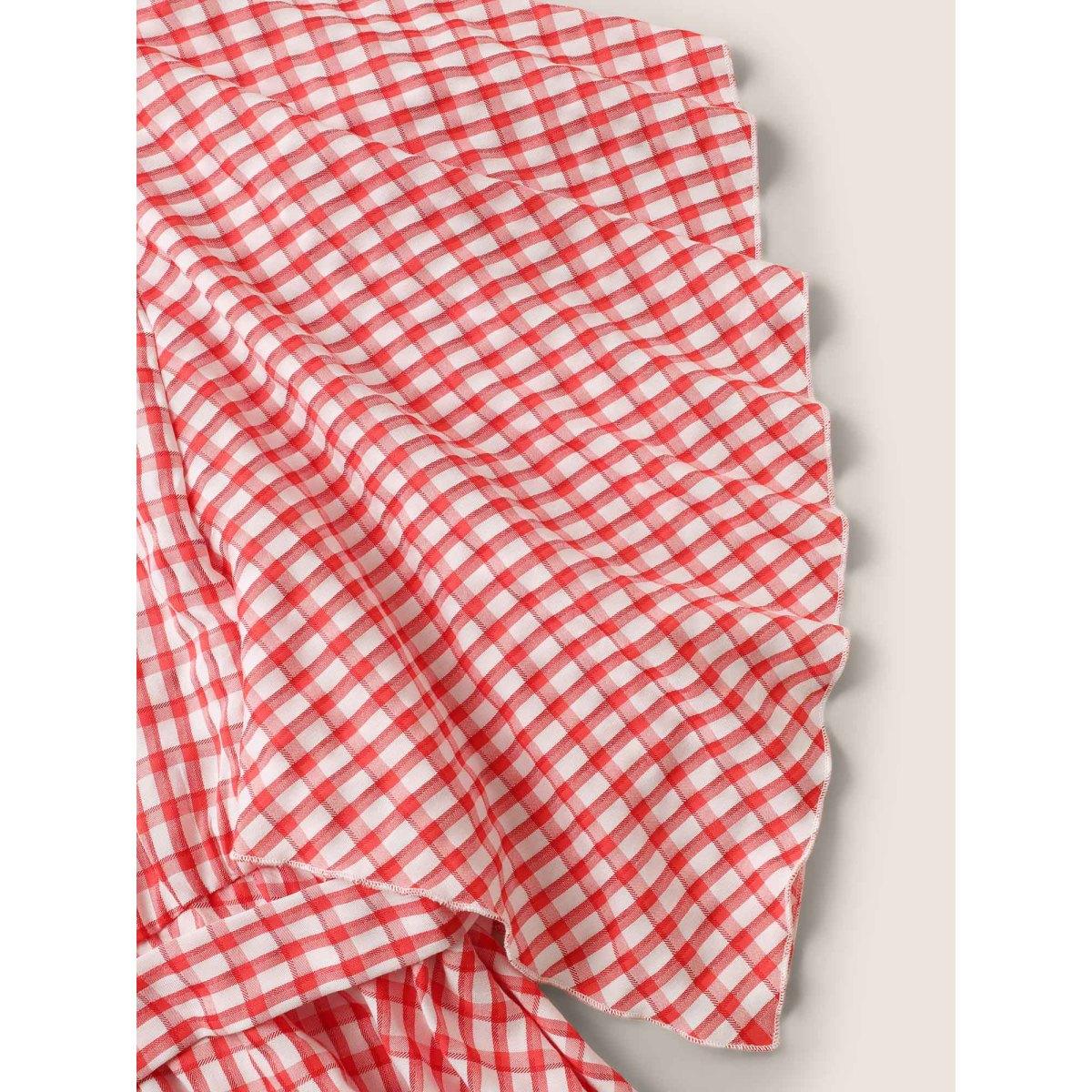 Plus Size Crimson V Neck Gingham Tie Knot Ruffles Blouse Women Casual Elbow-length sleeve V-neck Everyday Blouses BloomChic 12/L Product Image