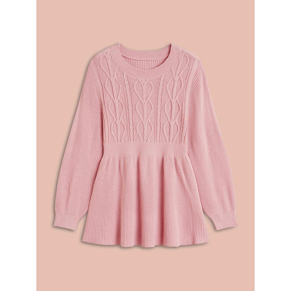 Plus Size Textured Cable-Knit Waist Cinched Pullover Nudepink Women Romantic Bodycon Long Sleeve Round Neck Elegant Pullovers BloomChic 18-20/2X Product Image