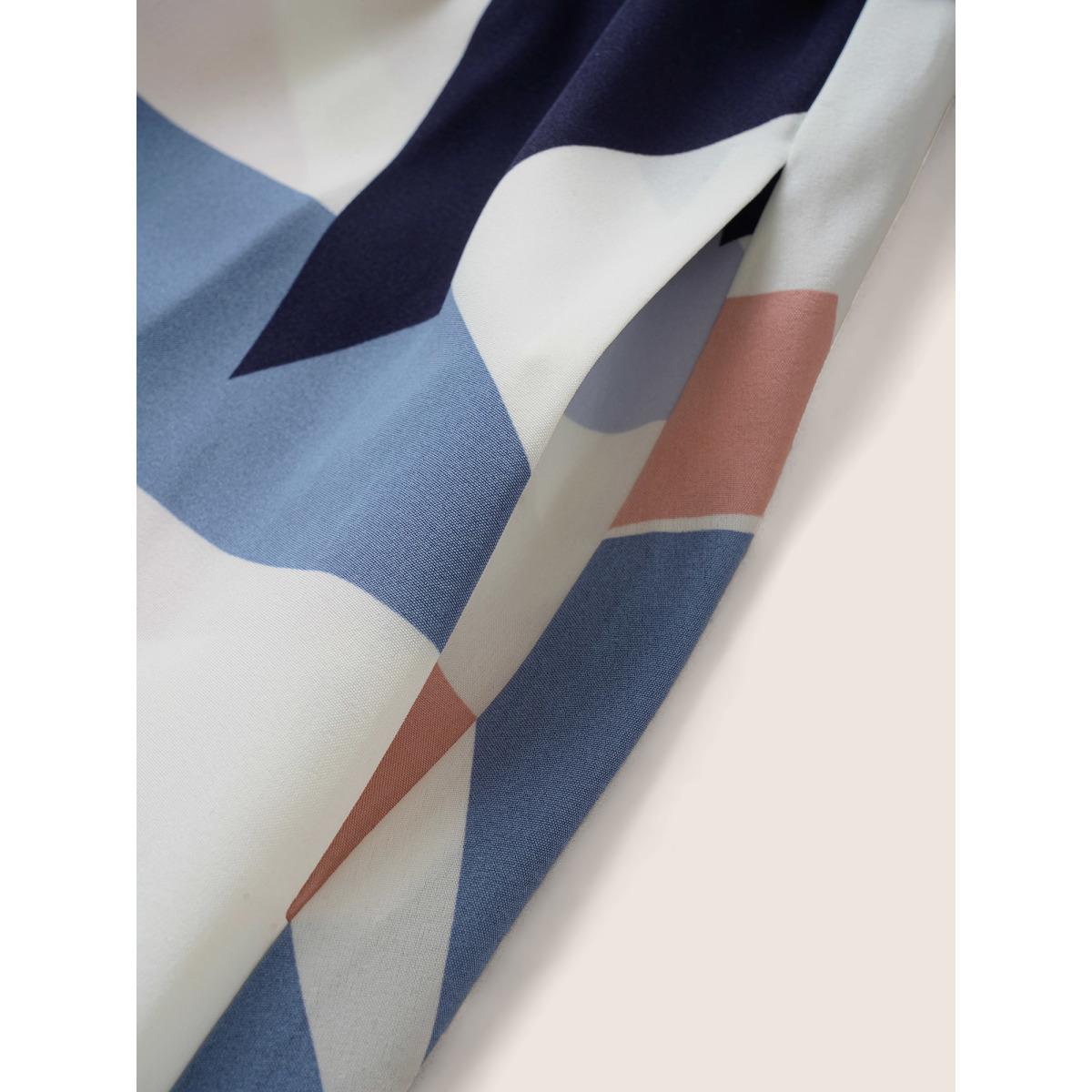 Plus Size Geometric Polo Neck Button Up Belted Dress Beige Women At the Office Belted Shirt collar Short sleeve Curvy Midi Dress BloomChic 10/M Product Image