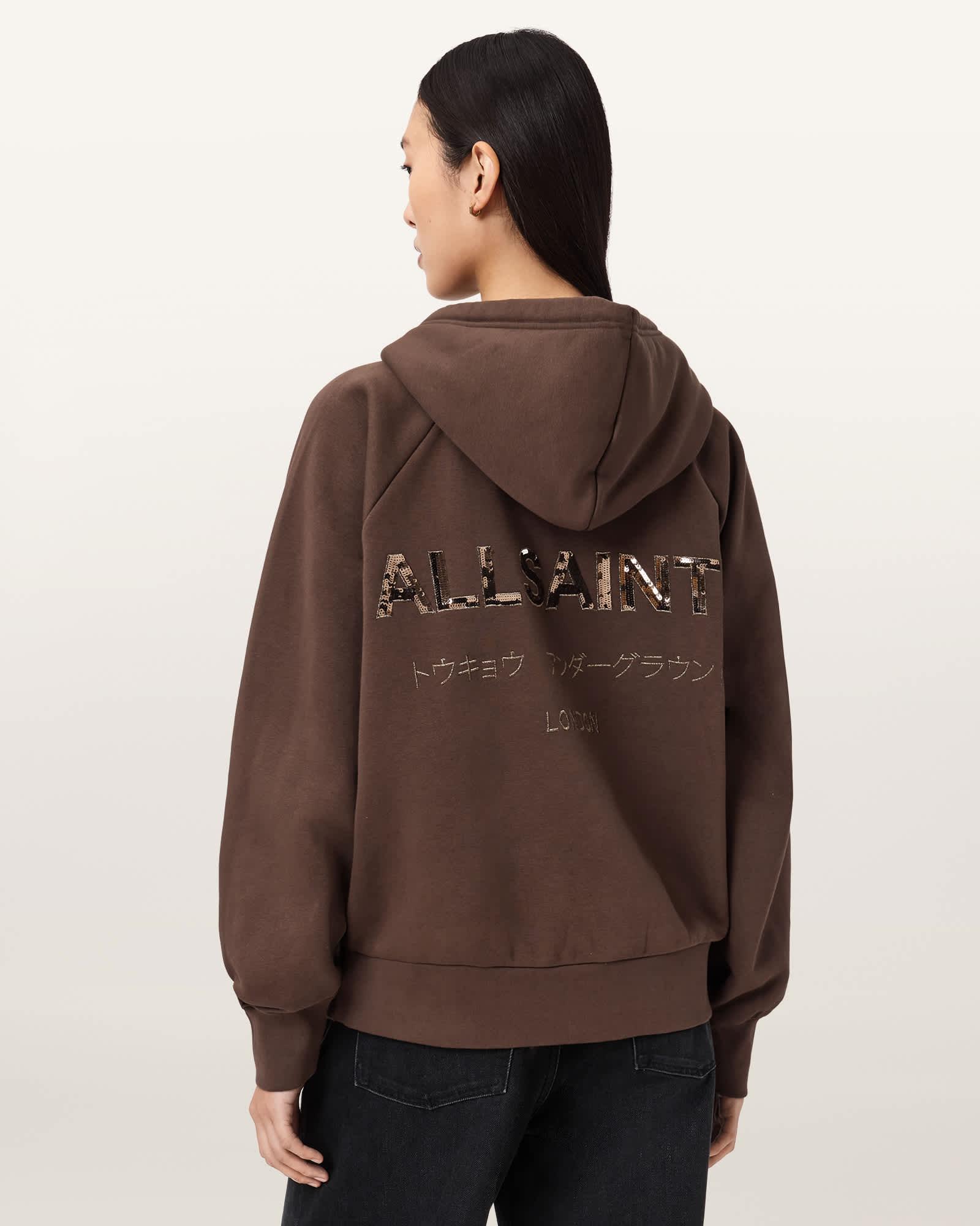 Talon Underground Sequin Oversized Hoodie Bitter Brown | ALLSAINTS US Product Image