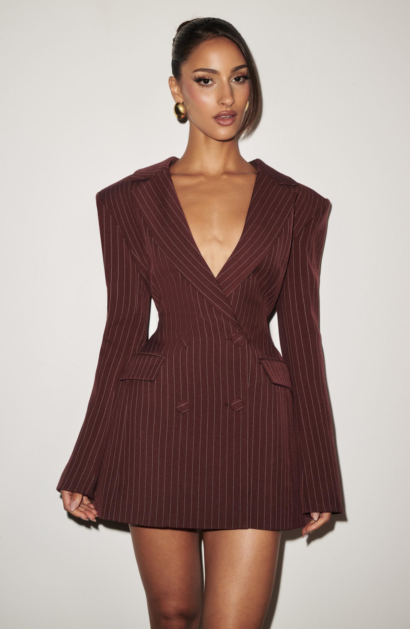 Elvira Mini Dress - Burgundy Pinstripe Product Image
