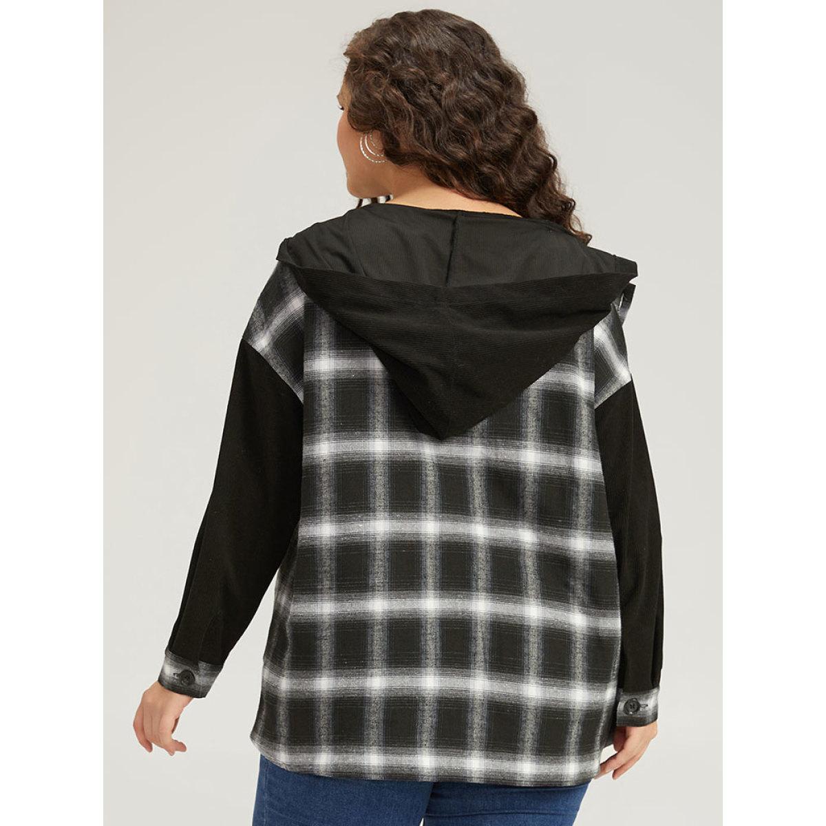Plus Size Plaid Hooded Patched Pocket Button Up Patchwork Coat Women Black Contrast Pocket Dailywear Jackets BloomChic 18-20/2X Product Image