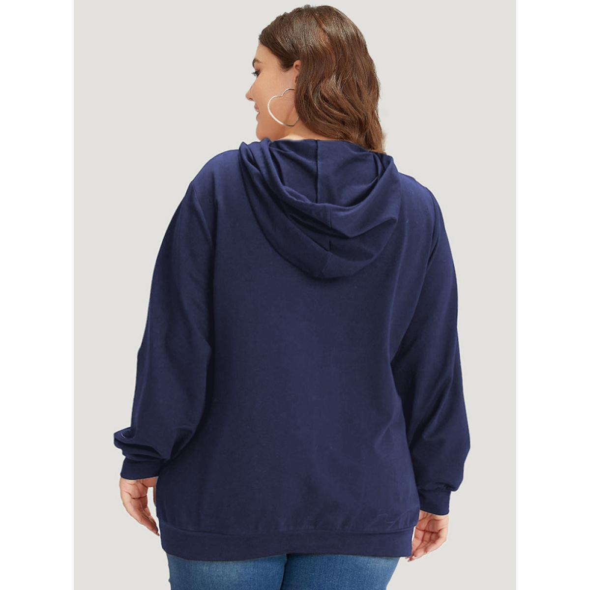 Plus Size Letter Print Pocket Drawstring Hooded Sweatshirt Women Indigo Casual Elastic cuffs Dailywear Sweatshirts BloomChic 14-16/1X Product Image